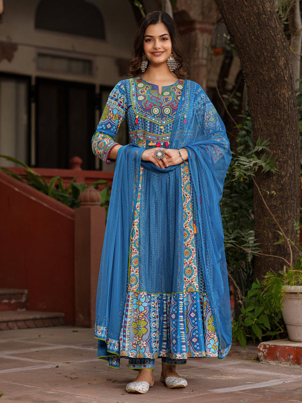 Juniper Blue Floral Printed Pure Cotton Anarkali Kurta Pants & Dupatta Set With Thread Work - Distacart