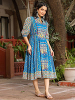 Thumbnail for Juniper Blue Floral Printed Pure Cotton Dress & Doris With Beads Work - Distacart