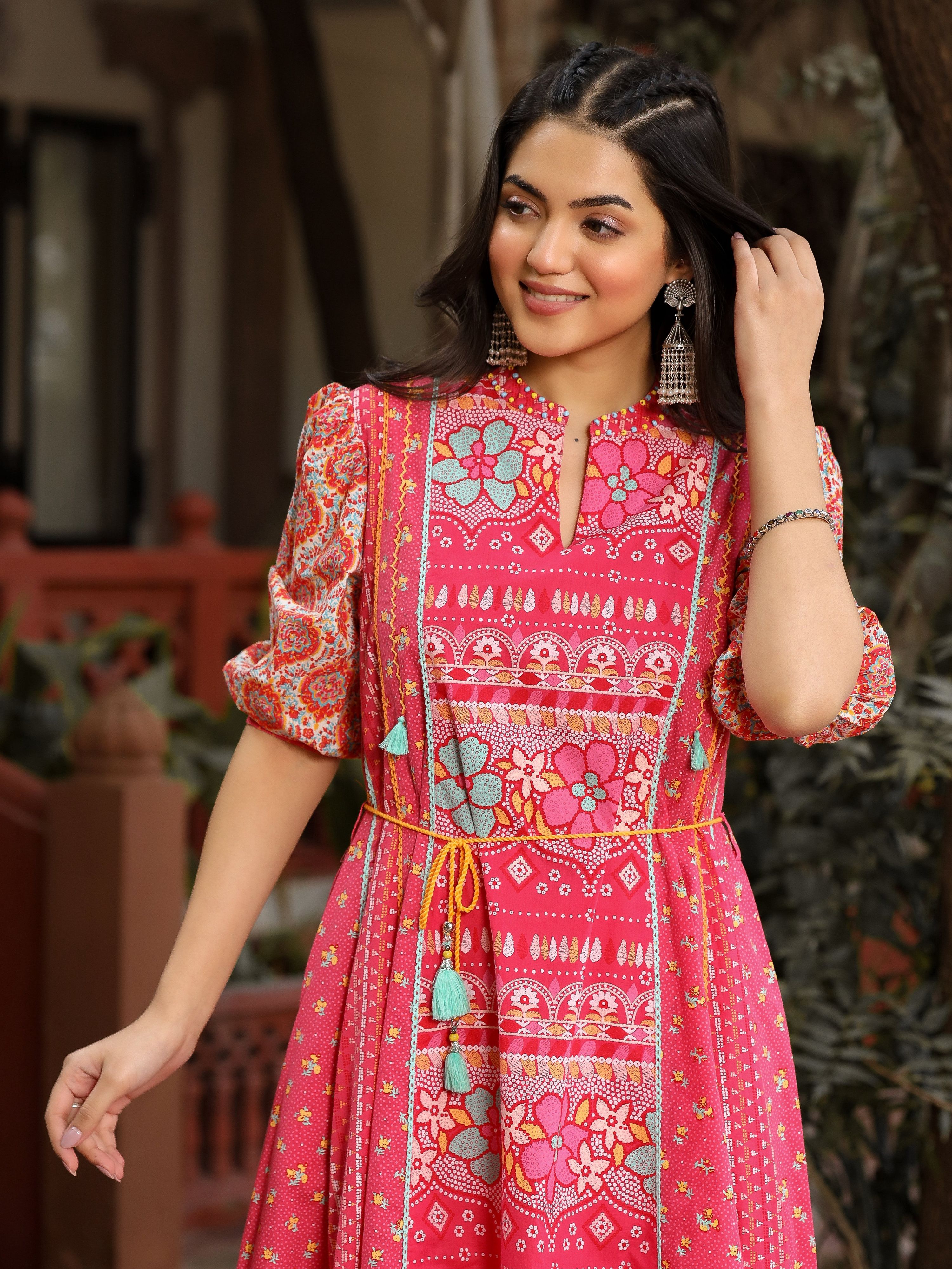 Juniper Women's Pink Floral Printed Pure Cotton Dress & Doris With Beads Work - Distacart
