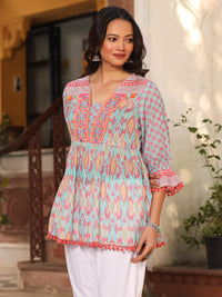 Thumbnail for Juniper Women's Blue Embroidered Cotton Voile Peplum Tunic