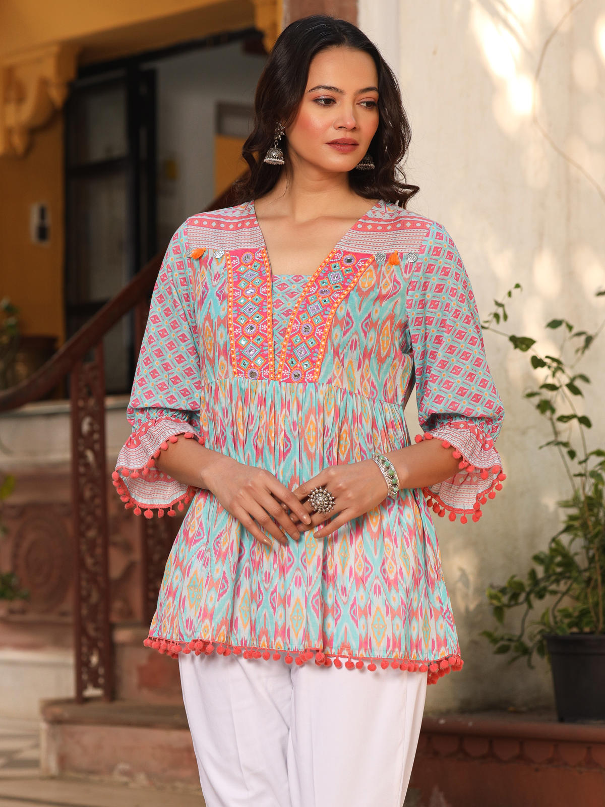 Juniper Women's Blue Embroidered Cotton Voile Peplum Tunic