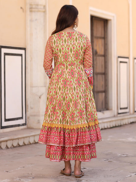 Juniper Women's Green Cotton Ikat Printed Layered Maxi Dress With Thread Embroidery & Dori Tassel Tie-Up At Waist - Distacart