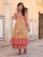 Thumbnail for Juniper Women's Green Cotton Ikat Printed Layered Maxi Dress With Thread Embroidery & Dori Tassel Tie-Up At Waist - Distacart