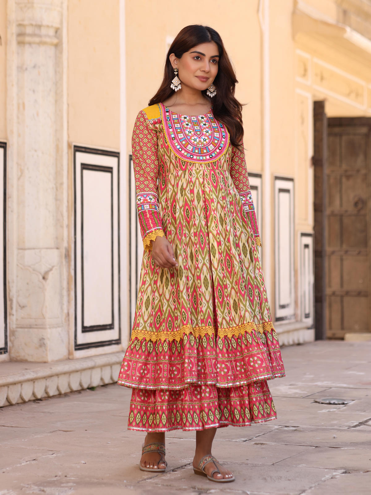 Juniper Women's Green Cotton Ikat Printed Layered Maxi Dress With Thread Embroidery & Dori Tassel Tie-Up At Waist - Distacart