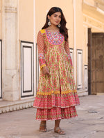 Thumbnail for Juniper Women's Green Cotton Ikat Printed Layered Maxi Dress With Thread Embroidery & Dori Tassel Tie-Up At Waist - Distacart