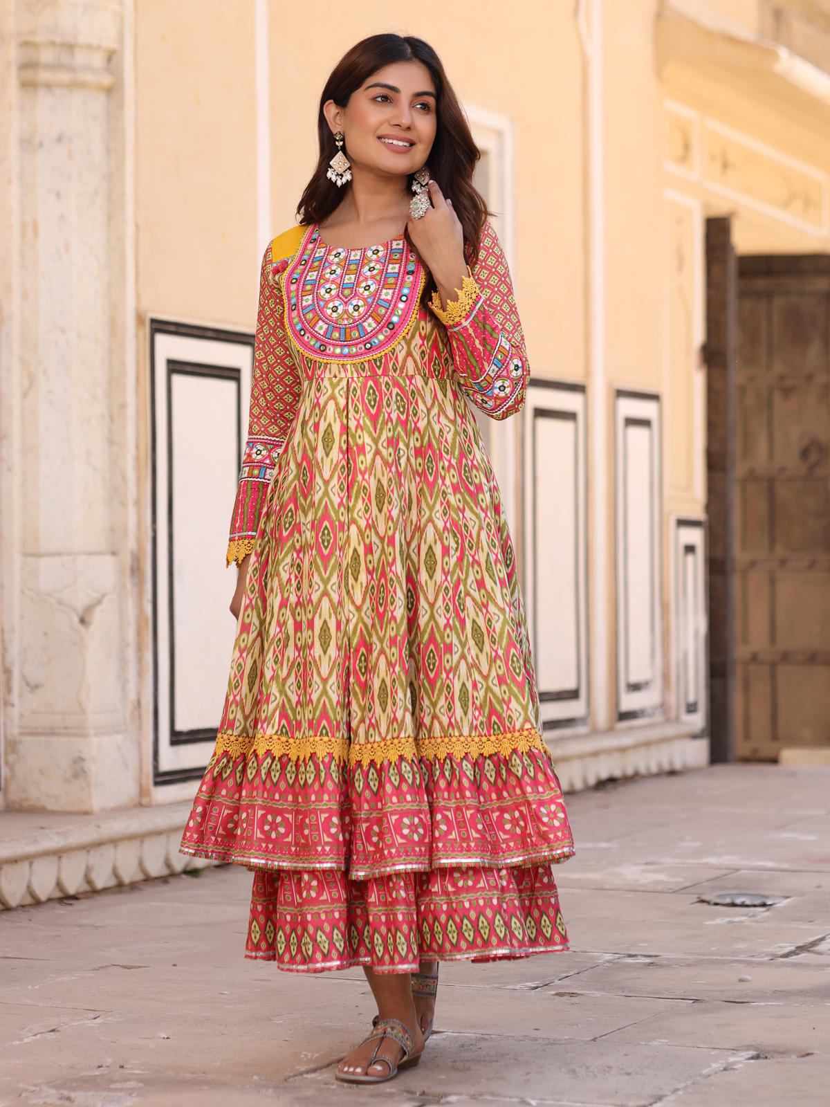 Juniper Women's Green Cotton Ikat Printed Layered Maxi Dress With Thread Embroidery & Dori Tassel Tie-Up At Waist - Distacart