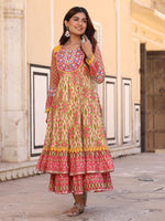 Thumbnail for Juniper Women's Green Cotton Ikat Printed Layered Maxi Dress With Thread Embroidery & Dori Tassel Tie-Up At Waist - Distacart