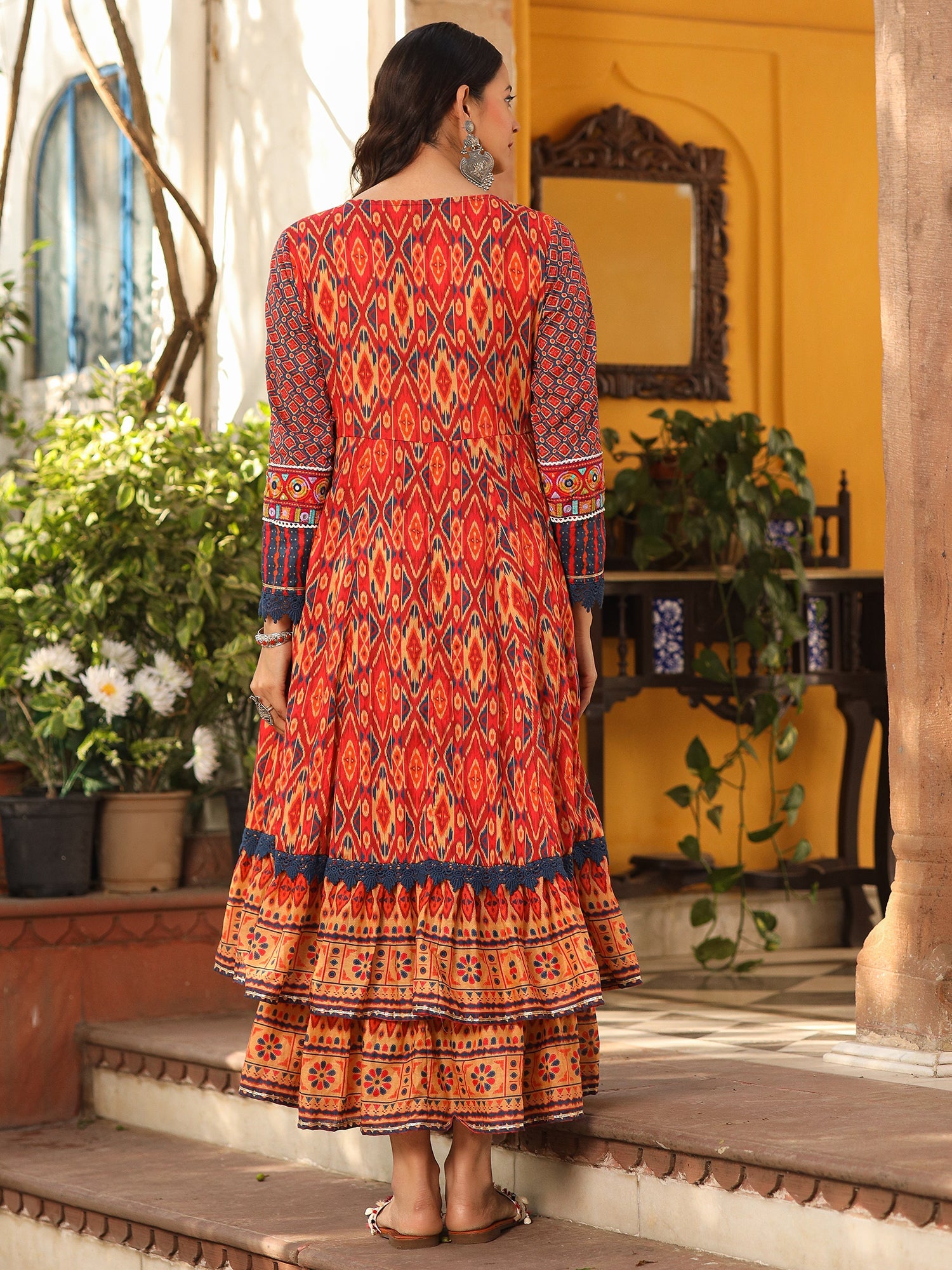 Juniper Rust Cotton Ikat Printed Layered Maxi Dress With Thread Embroidery & Dori Tassel Tie-Up At Waist - Distacart