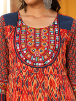 Thumbnail for Juniper Rust Cotton Ikat Printed Layered Maxi Dress With Thread Embroidery & Dori Tassel Tie-Up At Waist - Distacart
