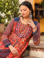 Thumbnail for Juniper Rust Cotton Ikat Printed Layered Maxi Dress With Thread Embroidery & Dori Tassel Tie-Up At Waist - Distacart