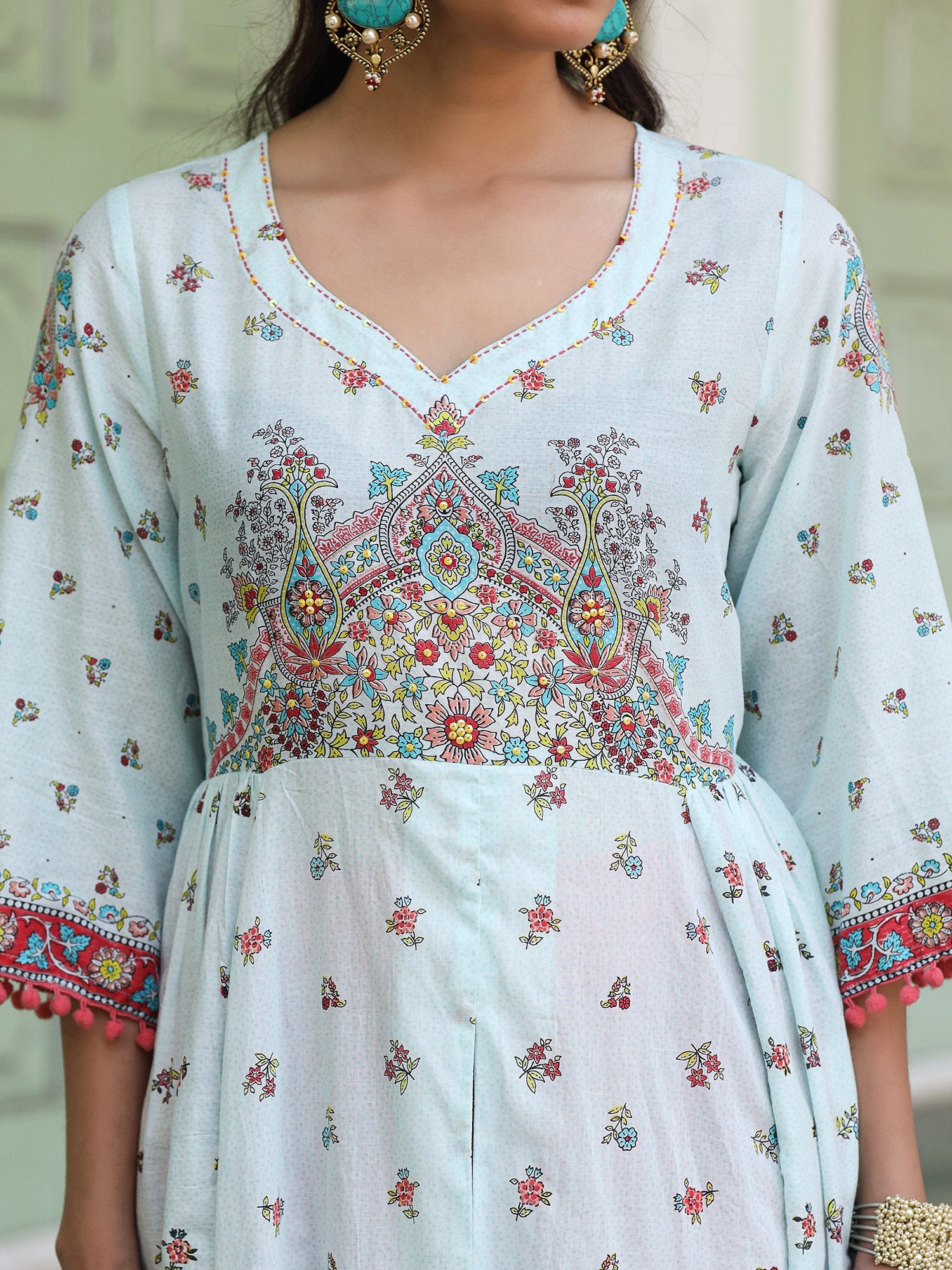 Juniper Sky Blue Cotton Floral Printed Anarkali Kurta With Pants And Dupatta Set With Sequins & Beadwork - Distacart