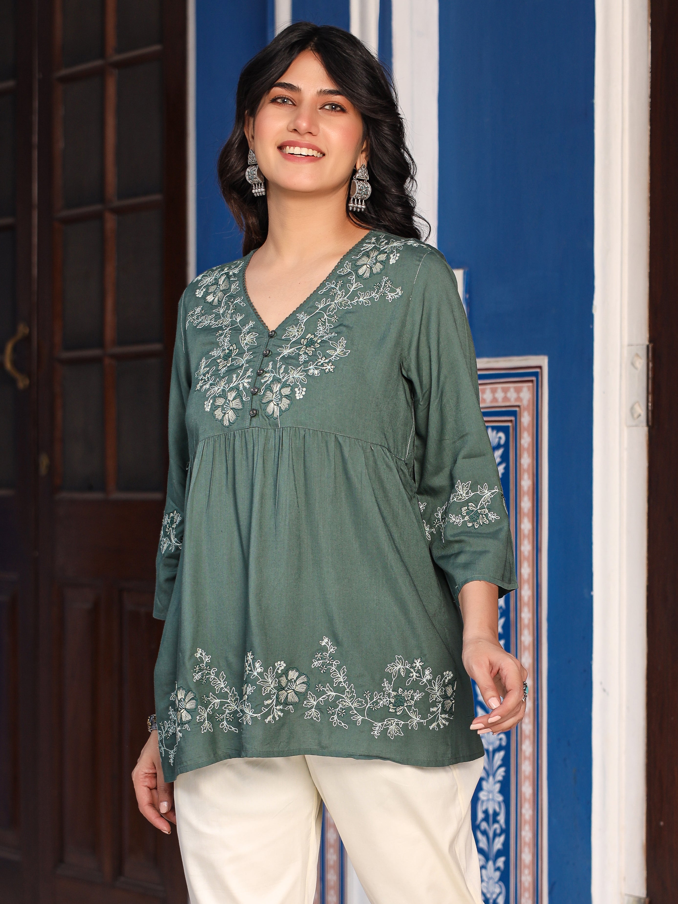 Juniper Green Modal Rayon Alia-Cut Embroidered Tunic - Distacart