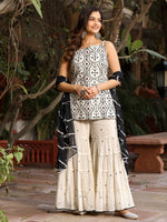 Thumbnail for Juniper Women's Off-White & Black Pure Cotton Embroidered Short Kurta Sharara & Dupatta Set - Distacart