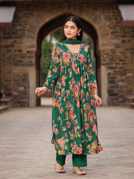 Juniper Green Floral Printed Poly Chinnon Kurta Pants & Dupatta Set With Mirror Work Embroidery - Distacart