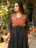 Thumbnail for Juniper Women's Black Cotton Ethnic Motif Printed Fit & Flare Layered Maxi Dress With Thread Embroidery & Tassels - Distacart