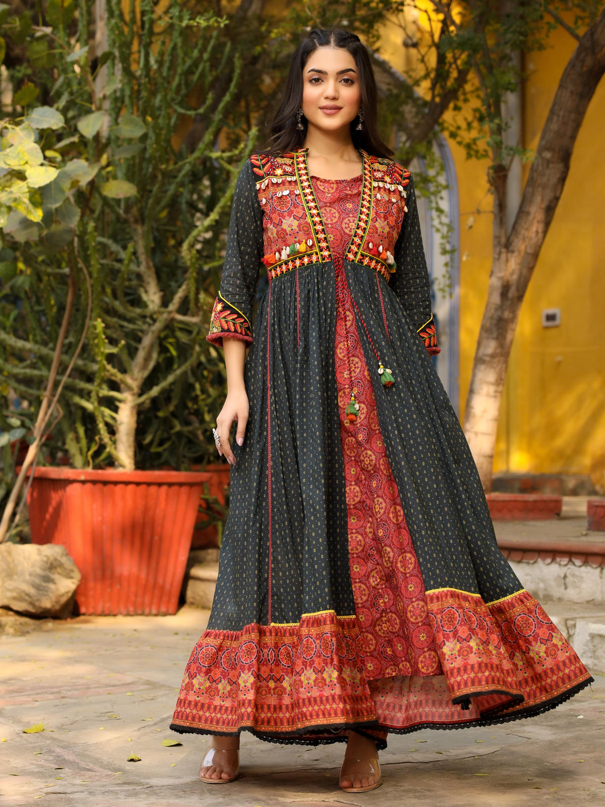 Juniper Women's Black Cotton Ethnic Motif Printed Fit & Flare Layered Maxi Dress With Thread Embroidery & Tassels - Distacart