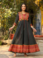 Thumbnail for Juniper Women's Black Cotton Ethnic Motif Printed Fit & Flare Layered Maxi Dress With Thread Embroidery & Tassels - Distacart