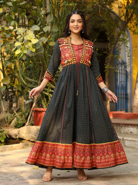 Juniper Women's Black Cotton Ethnic Motif Printed Fit & Flare Layered Maxi Dress With Thread Embroidery & Tassels - Distacart