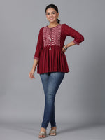 Thumbnail for Juniper Women's Maroon Geometric Printed Rayon Tunic With Thread Work - Distacart