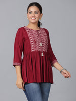 Thumbnail for Juniper Women's Maroon Geometric Printed Rayon Tunic With Thread Work - Distacart