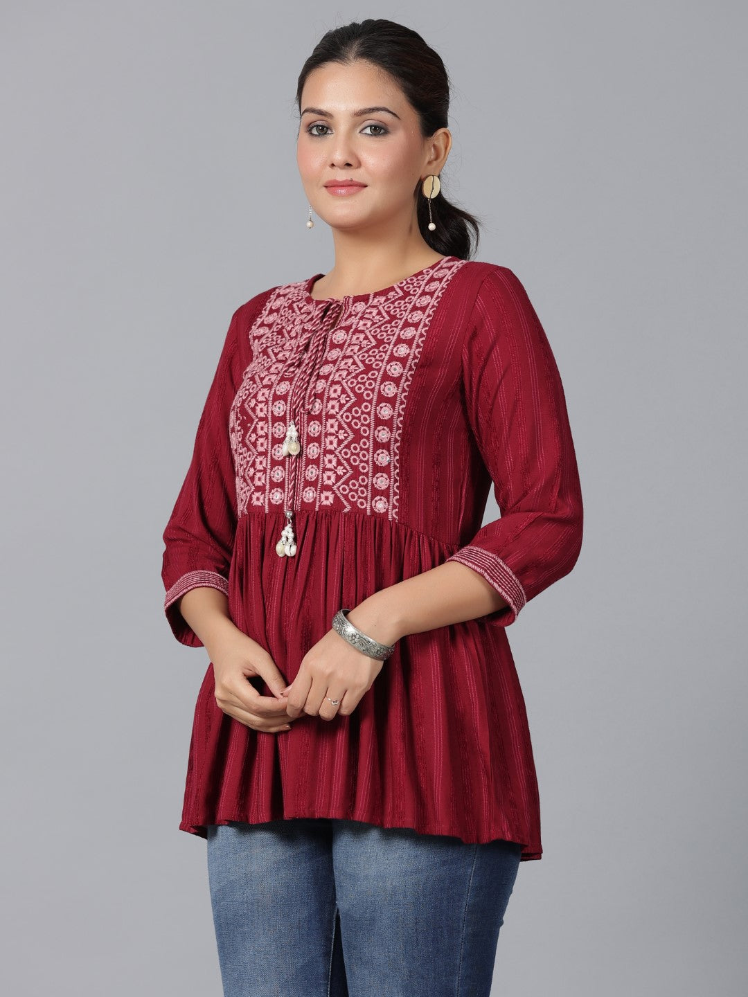 Juniper Women's Maroon Geometric Printed Rayon Tunic With Thread Work - Distacart