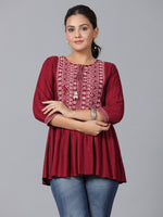 Thumbnail for Juniper Women's Maroon Geometric Printed Rayon Tunic With Thread Work - Distacart