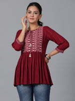 Thumbnail for Juniper Women's Maroon Geometric Printed Rayon Tunic With Thread Work - Distacart