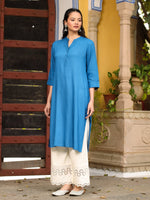 Thumbnail for Juniper Women's Effortlessly Chic Bright Blue Rayon Solid Roll-Up Sleeves Basic Kurta - Distacart