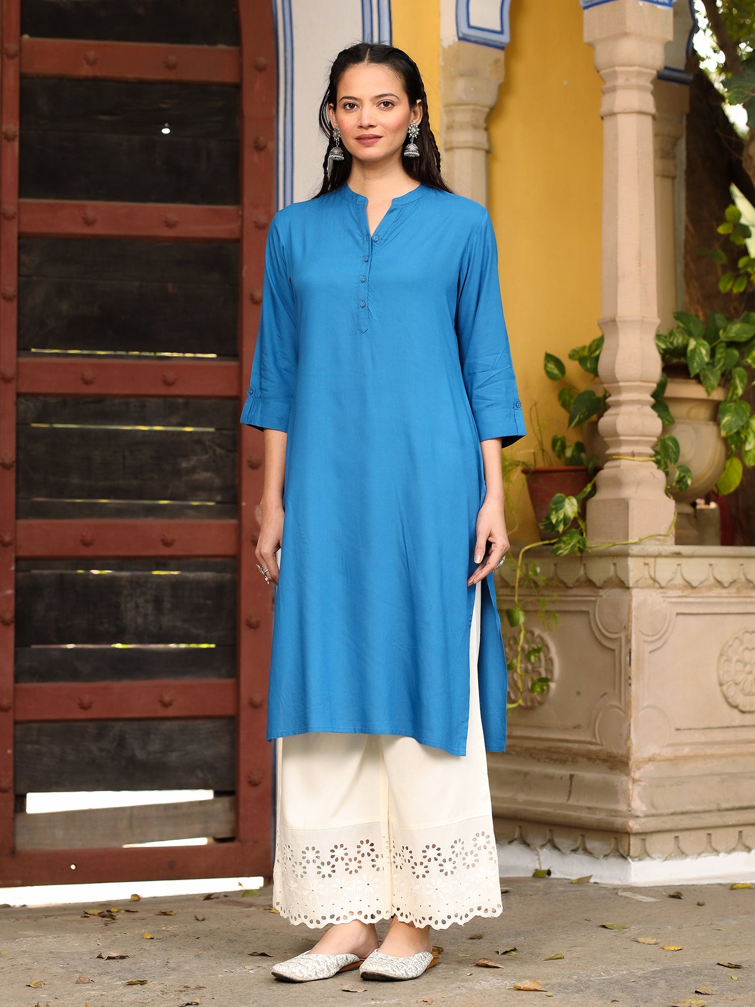 Juniper Women's Effortlessly Chic Bright Blue Rayon Solid Roll-Up Sleeves Basic Kurta - Distacart