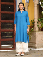 Thumbnail for Juniper Women's Effortlessly Chic Bright Blue Rayon Solid Roll-Up Sleeves Basic Kurta - Distacart