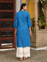 Thumbnail for Juniper Women's Effortlessly Chic Bright Blue Rayon Solid Roll-Up Sleeves Basic Kurta - Distacart