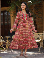 Thumbnail for Juniper Maroon Ikat Printed Cotton Maxi Dress with Embroidered Neckline - Distacart