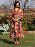 Thumbnail for Juniper Rust Ikat Printed Cotton Maxi Dress with Embroidered Neckline - Distacart