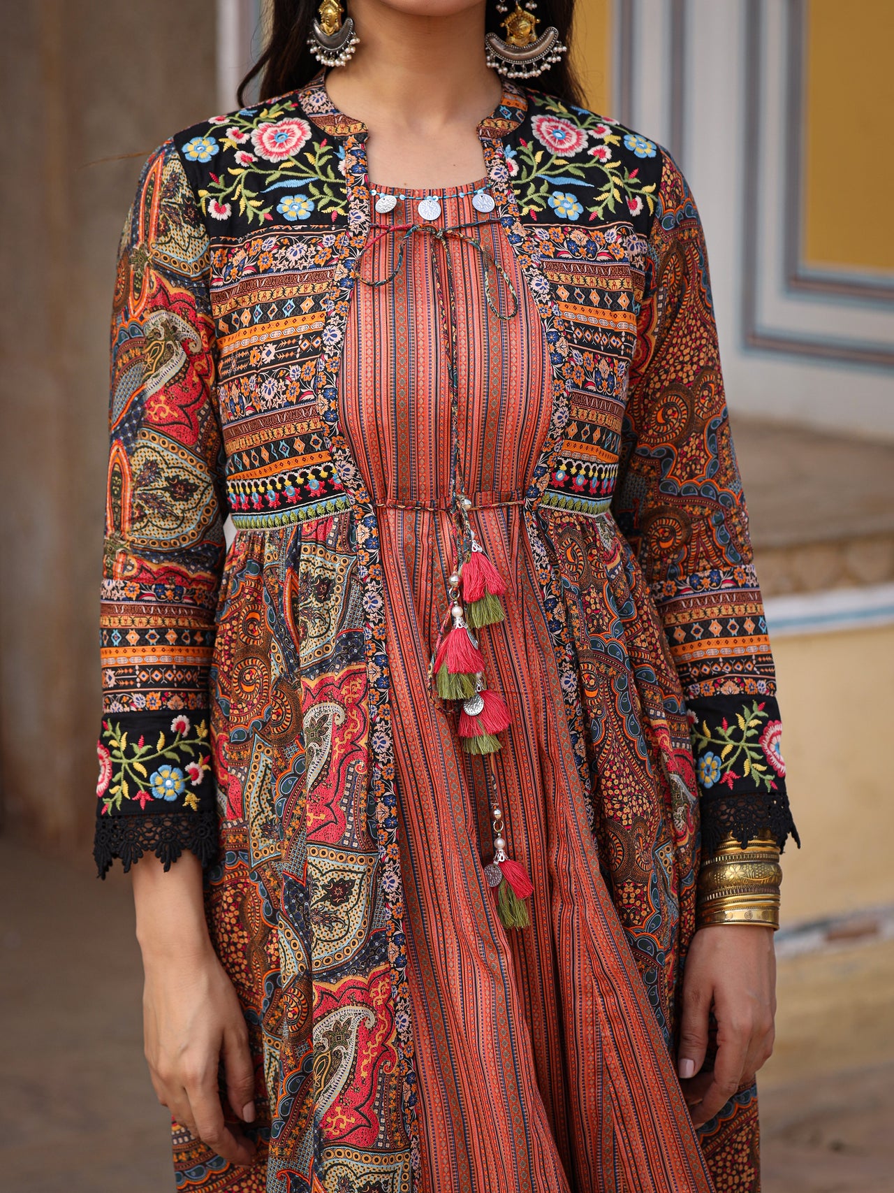 Juniper Women's Multi Colored Cotton Maxi Dress With Ethnic Motifs, Embroidered Jacket, And Long Sleeves