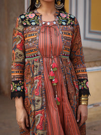 Thumbnail for Juniper Women's Multi Colored Cotton Maxi Dress With Ethnic Motifs, Embroidered Jacket, And Long Sleeves