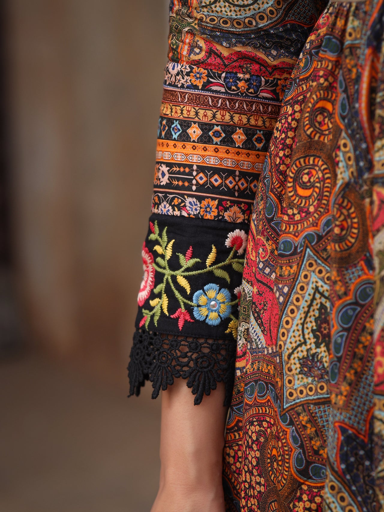 Juniper Women's Multi Colored Cotton Maxi Dress With Ethnic Motifs, Embroidered Jacket, And Long Sleeves