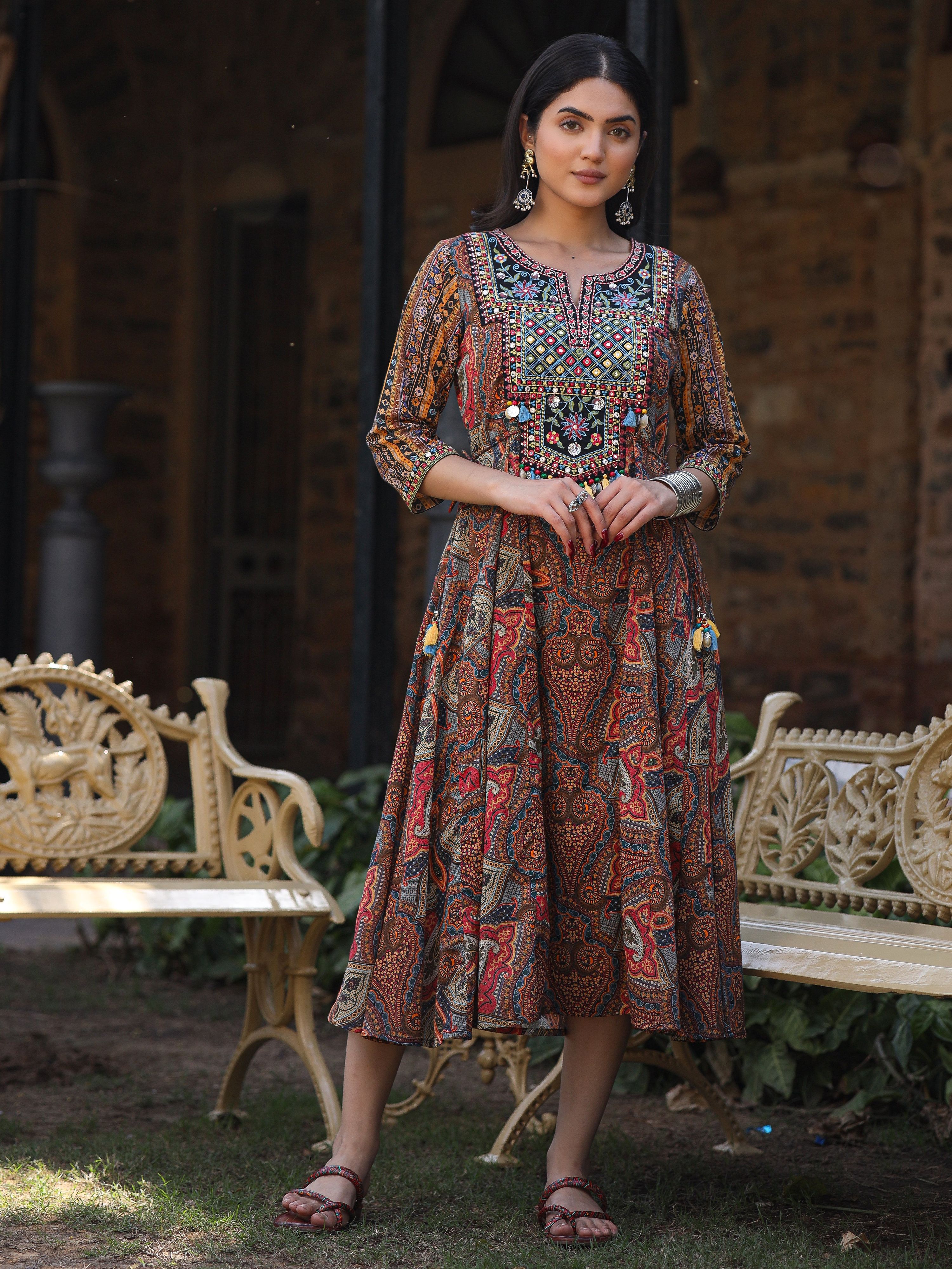 Juniper Women's Multi Colored Cotton Ethnic Motif Printed Maxi Dress with Embroidered Yoke - Distacart