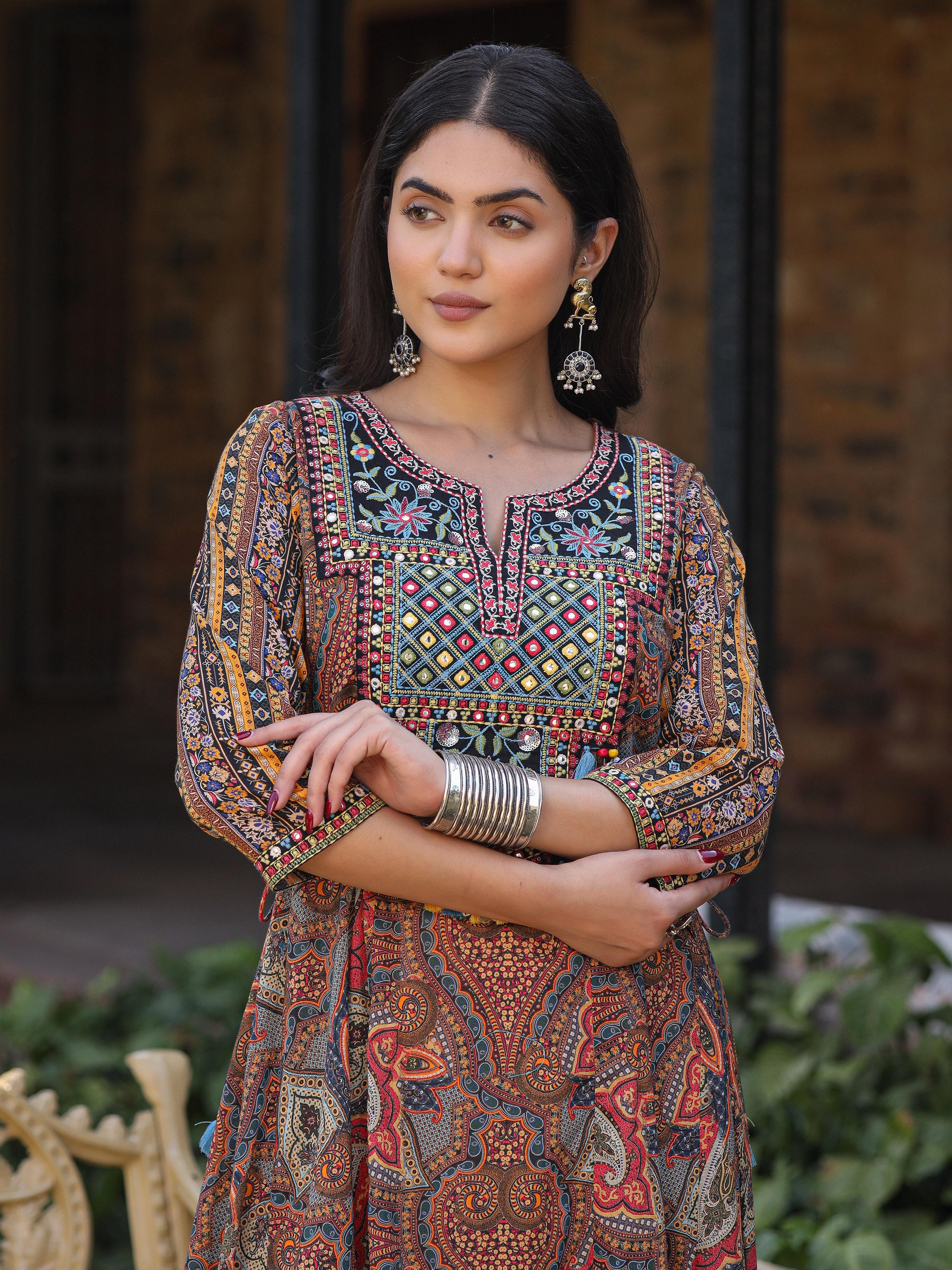 Juniper Women's Multi Colored Cotton Ethnic Motif Printed Maxi Dress with Embroidered Yoke - Distacart