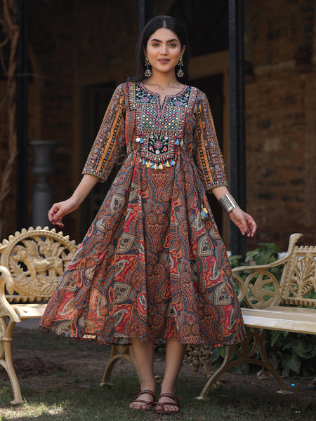 Juniper Women's Multi Colored Cotton Ethnic Motif Printed Maxi Dress with Embroidered Yoke - Distacart