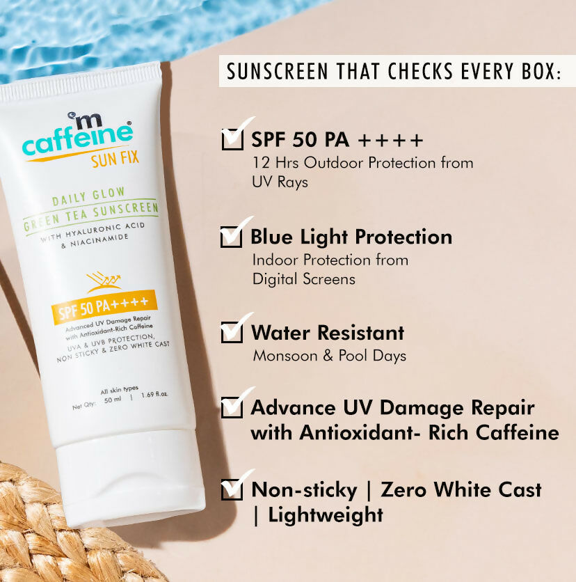 mCaffeine Sun Fix Daily Glow Green Tea Sunscreen SPF 50 PA++++ with Niacinamide, Lightweight & No White Cast - Distacart