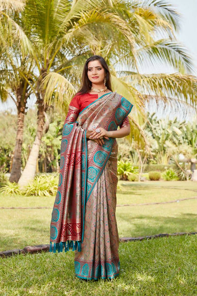 Vastranavya Boutique Collection Kanjivaram Soft Silk Saree With Unstitched Blouse - Peach - Distacart