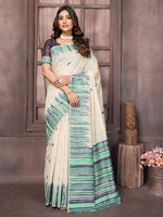Thumbnail for Janasya Beige & Blue Chanderi Geometric Woven Saree