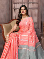 Thumbnail for Janasya Peach Cotton Ethnic Print Jacquard Saree