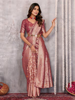 Thumbnail for Janasya Mauve Silk Blend Floral Banarasi Saree
