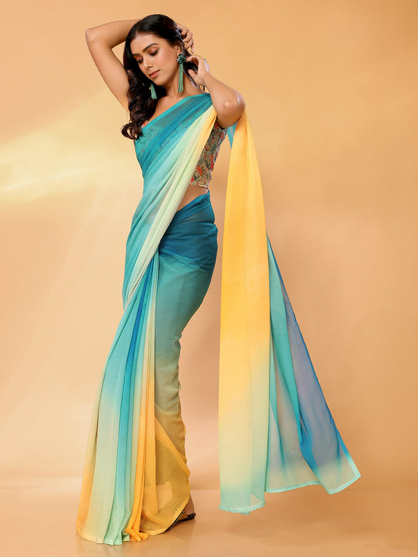 Janasya Multicolor Georgette Ombre Printed Saree