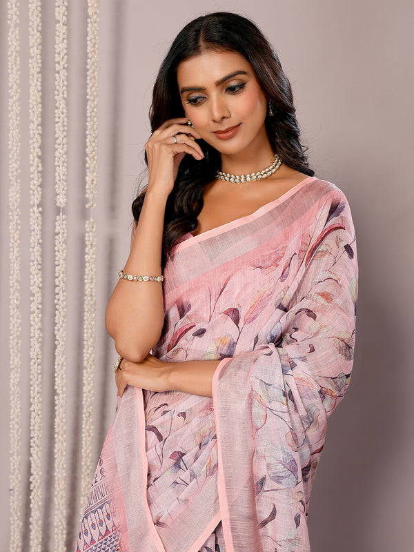 Janasya Light Pink Cotton Linen Floral Printed Saree