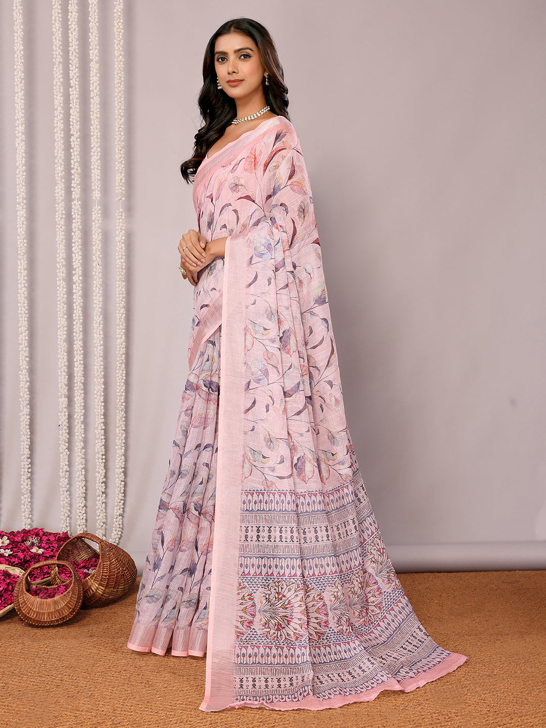 Janasya Light Pink Cotton Linen Floral Printed Saree
