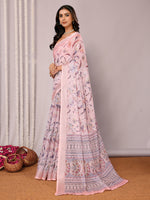 Thumbnail for Janasya Light Pink Cotton Linen Floral Printed Saree