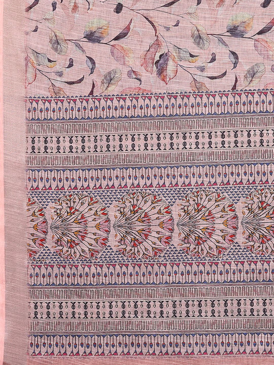 Janasya Light Pink Cotton Linen Floral Printed Saree