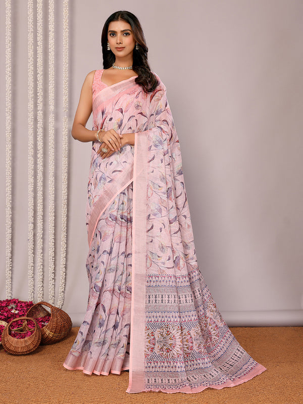 Janasya Light Pink Cotton Linen Floral Printed Saree